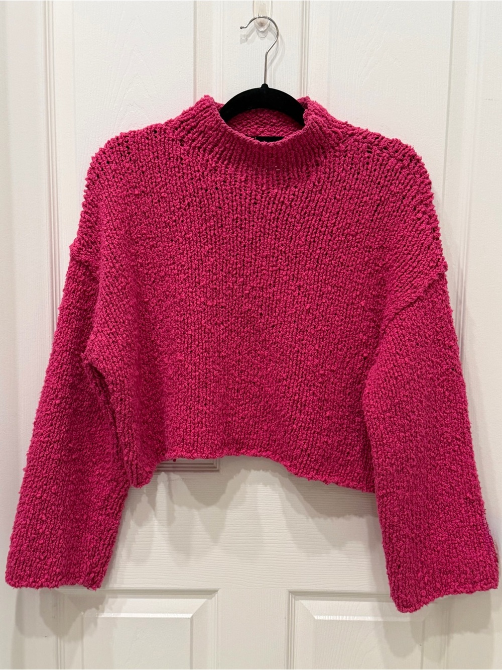 By Anthropologie Hot Pink Popcorn Knit Cropped Mock Neck Sweater Oversized L